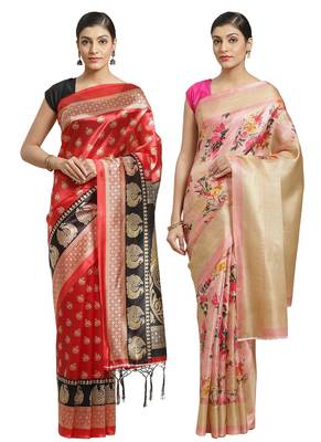 Multicolor printed art silk saree with blouse 1