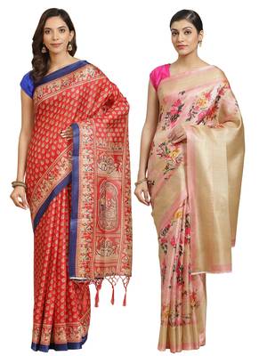 Multicolor printed art silk saree with blouse 1