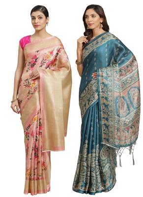 Multicolor printed art silk saree with blouse 1