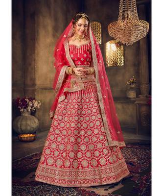 Embroidered Silk Bridal Lehenga Choli With Net Dupatta With Unstiched Blouse & Heavy Zarkan Work 1