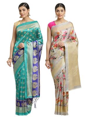 Multicolor printed art silk saree with blouse 1