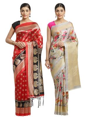 Multicolor printed art silk saree with blouse 1