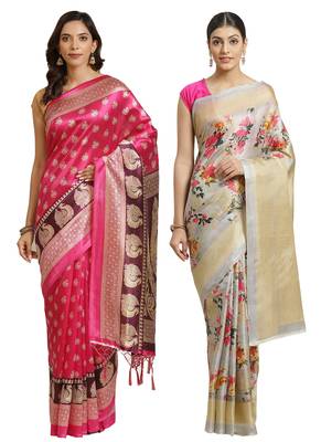 Multicolor printed art silk saree with blouse 1