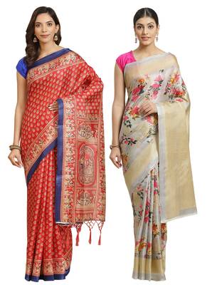 Multicolor printed art silk saree with blouse 1