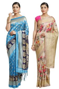Multicolor printed art silk saree with blouse