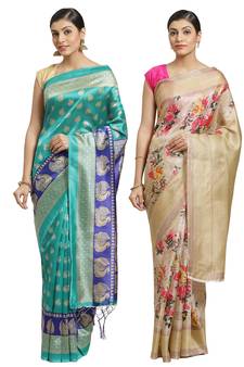 Multicolor printed art silk saree with blouse