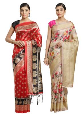 Multicolor printed art silk saree with blouse 1