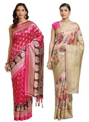 Multicolor printed art silk saree with blouse 1