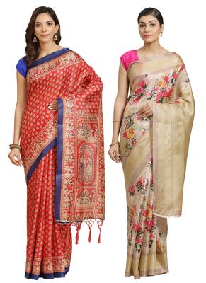 Multicolor printed art silk saree with blouse 1