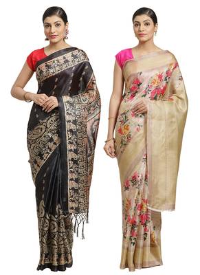 Multicolor printed art silk saree with blouse 1