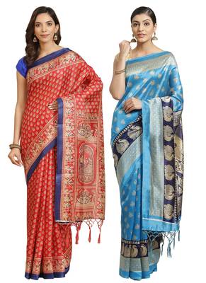 Multicolor printed art silk saree with blouse 1