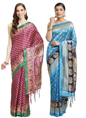 Multicolor printed art silk saree with blouse 1