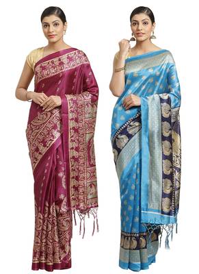 Multicolor printed art silk saree with blouse 1