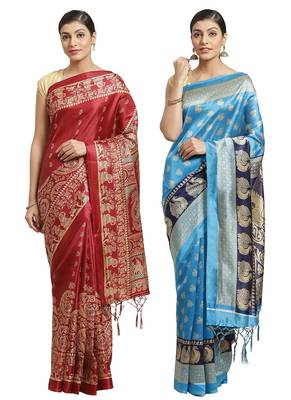 Multicolor printed art silk saree with blouse 1