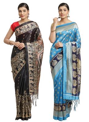 Multicolor printed art silk saree with blouse 1