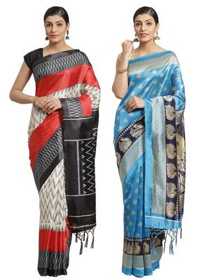 Multicolor printed art silk saree with blouse 1