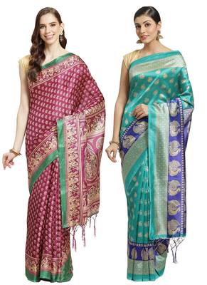Multicolor printed art silk saree with blouse 1