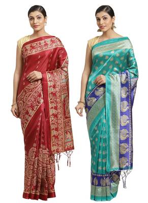 Multicolor printed art silk saree with blouse 1
