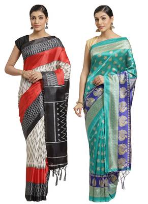 Multicolor printed art silk saree with blouse 1