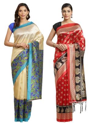Multicolor printed art silk saree with blouse 1