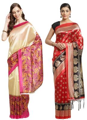 Multicolor printed art silk saree with blouse 1