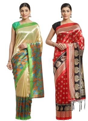 Multicolor printed art silk saree with blouse 1