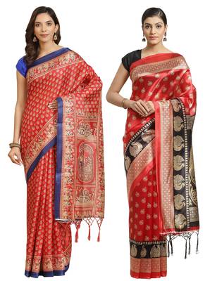 Multicolor printed art silk saree with blouse 1
