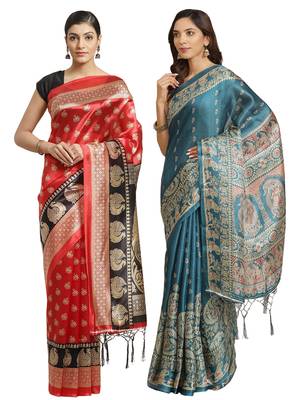Multicolor printed art silk saree with blouse 1
