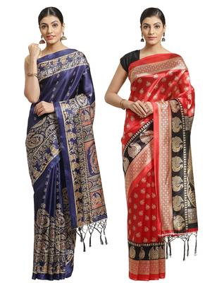 Multicolor printed art silk saree with blouse 1