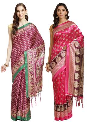 Multicolor printed art silk saree with blouse 1
