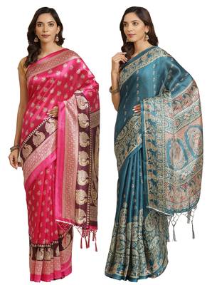 Multicolor printed art silk saree with blouse 1