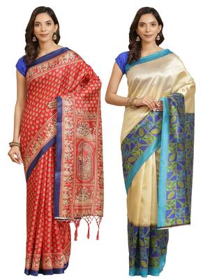 Multicolor printed art silk saree with blouse 1