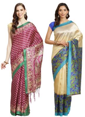 Multicolor printed art silk saree with blouse 1