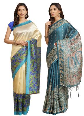 Multicolor printed art silk saree with blouse 1