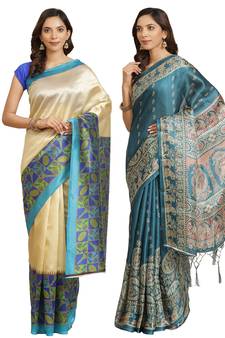 Multicolor printed art silk saree with blouse