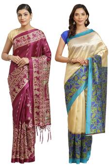 Multicolor printed art silk saree with blouse