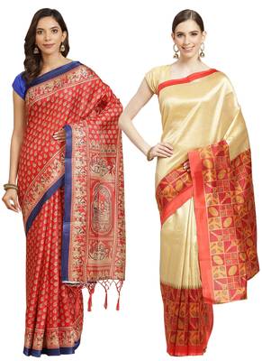 Multicolor printed art silk saree with blouse 1