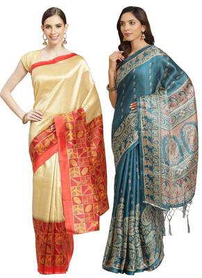 Multicolor printed art silk saree with blouse 1