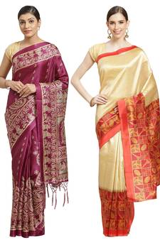 Multicolor printed art silk saree with blouse
