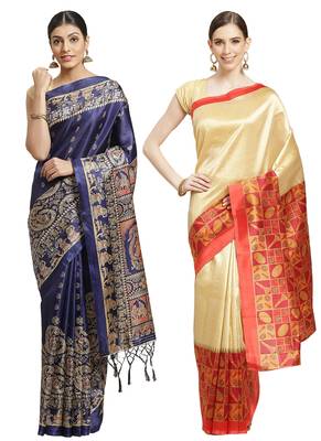 Multicolor printed art silk saree with blouse 1