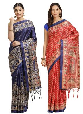 Multicolor printed art silk saree with blouse 1