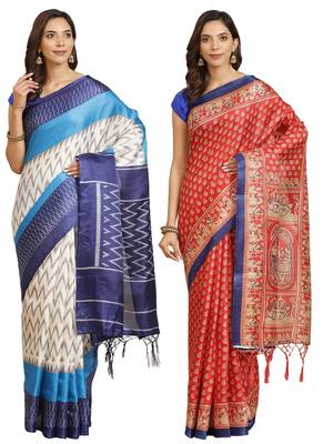Multicolor printed art silk saree with blouse 1