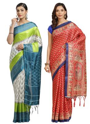 Multicolor printed art silk saree with blouse 1