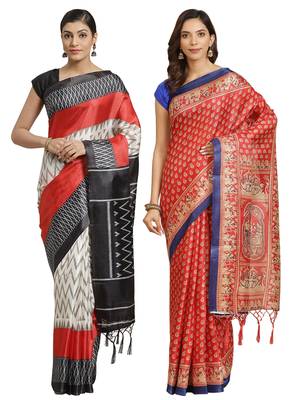 Multicolor printed art silk saree with blouse 1