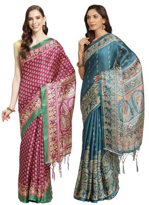 Multicolor printed art silk saree with blouse 1