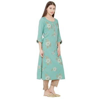 Os by Fourbuttons Womens Viscose Sea Green Kurta Set 2