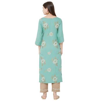 Os by Fourbuttons Womens Viscose Sea Green Kurta Set 3