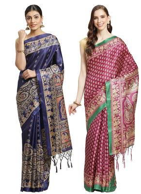 Multicolor printed art silk saree with blouse 1