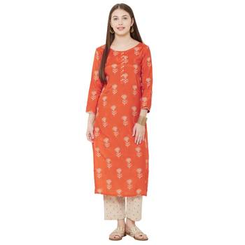 Os by Fourbuttons Womens Viscose Silk Orange Kurta Set 1