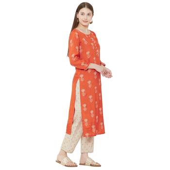 Os by Fourbuttons Womens Viscose Silk Orange Kurta Set 2